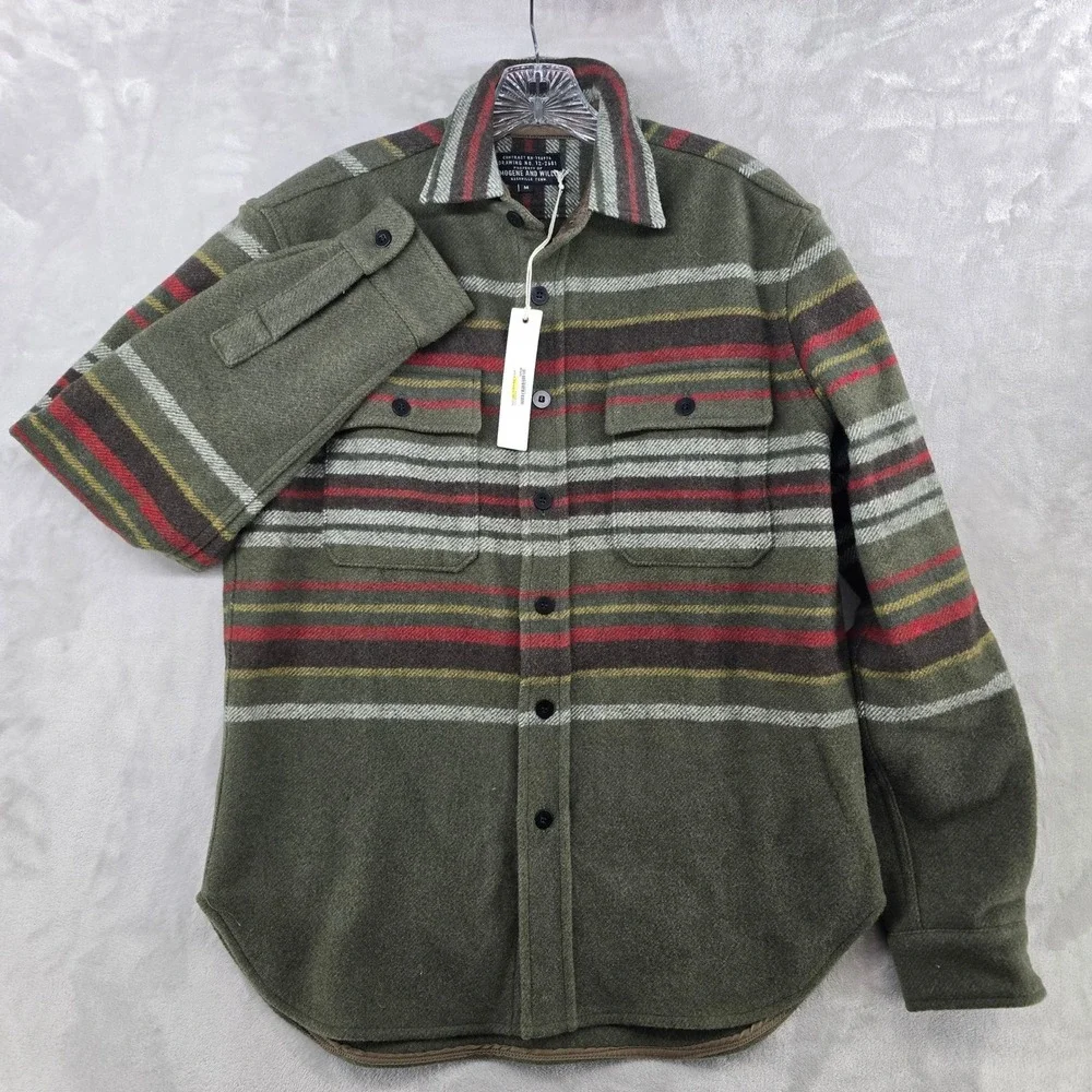 Imogene and Willie Hall CPO Men M Green Blanket Stripe Wool Flannel Shirt Jacket